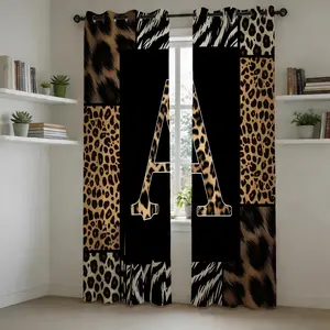 2Pcs Leopard Print Letter Bay Window Curtain, 85% Blackout Rate Sound and Light Blocking, Multiple Sizes Available, Decorative Curtain for Home, Living Room and Bedroom, Home Decoration Curtain