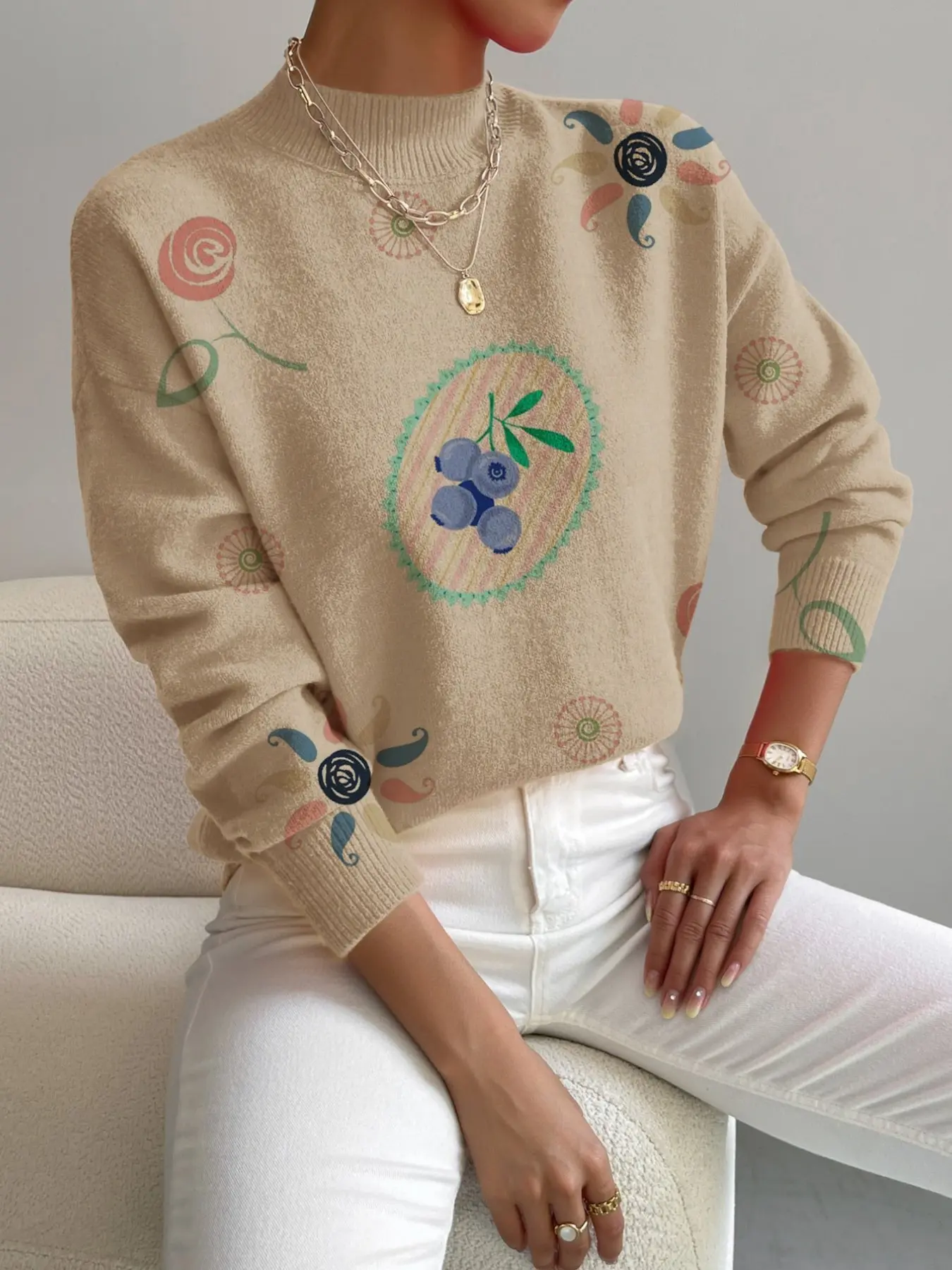 Women's Knitted Sweater, Spring Fall Winter Collection, Casual Elegant Commute Wear, Holiday Style, Blueberry Cartoon Print Design