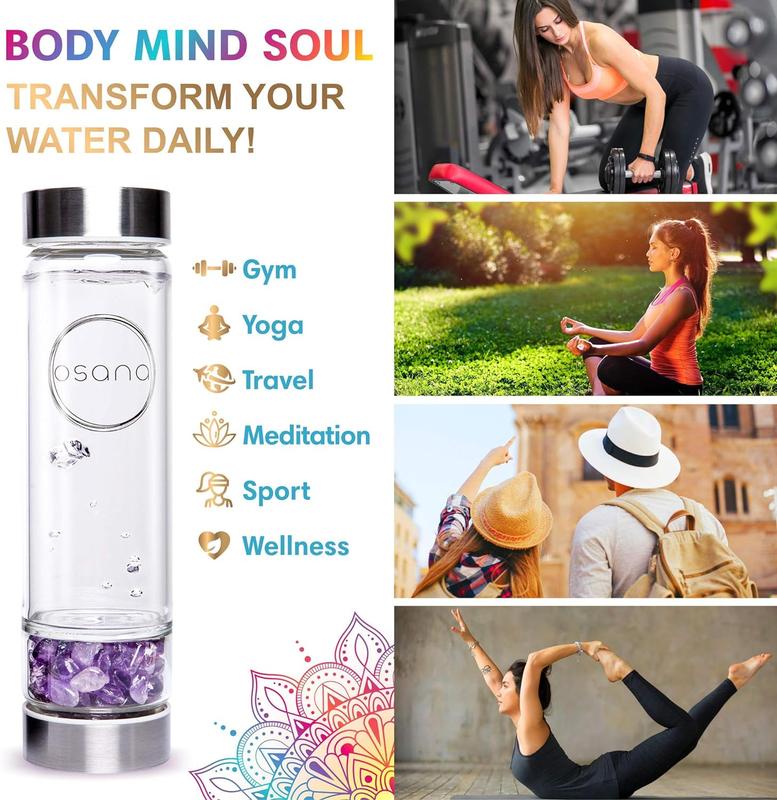 OSANA Crystal Water Bottle with 3 Changeable Healing Crystals – Amethyst, Rose Quartz, Green Fluorite – Loose Leaf Tea Bottle – Gem Elixir Infused Glass Water Bottle - 16.9 oz