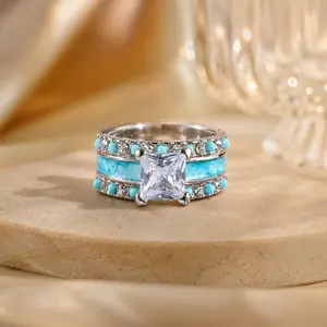 Women's 3-Piece Turquoise Stone Engagement and Wedding Ring Set - Stylish Costume Jewelry Accessory for Holiday Gifts