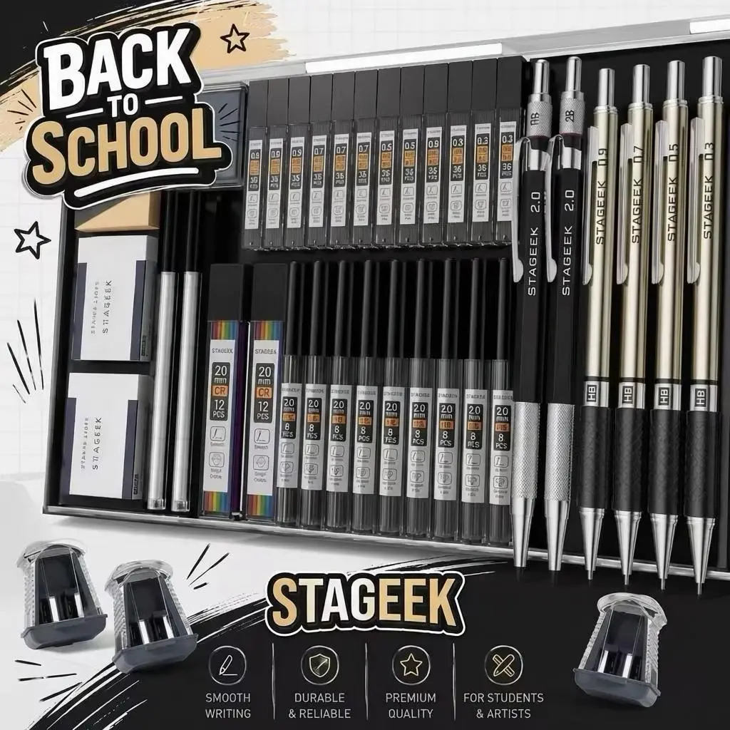 STAGEEK 37PCS Art Mechanical Pencil Set, Drafting Pencil 5 Sizes- 0.3, 0.5, 0.7, 0.9MM & 2PCS 2.0MM Mechanical Drawing Pencils with 492PCS Leads (6B 4B 2B HB 2H 4H Color) for Artist Sketching Drawing&Ballpoint Pen for Student Stationary College Essentials