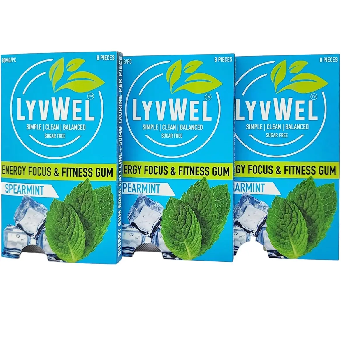 3 pack Spearmint Caffeine Chewing Gum 80mg per piece Energy Focus Fitness Gum Sugar Free 8 Pieces per Pack Sport Beverage Drink Flavor