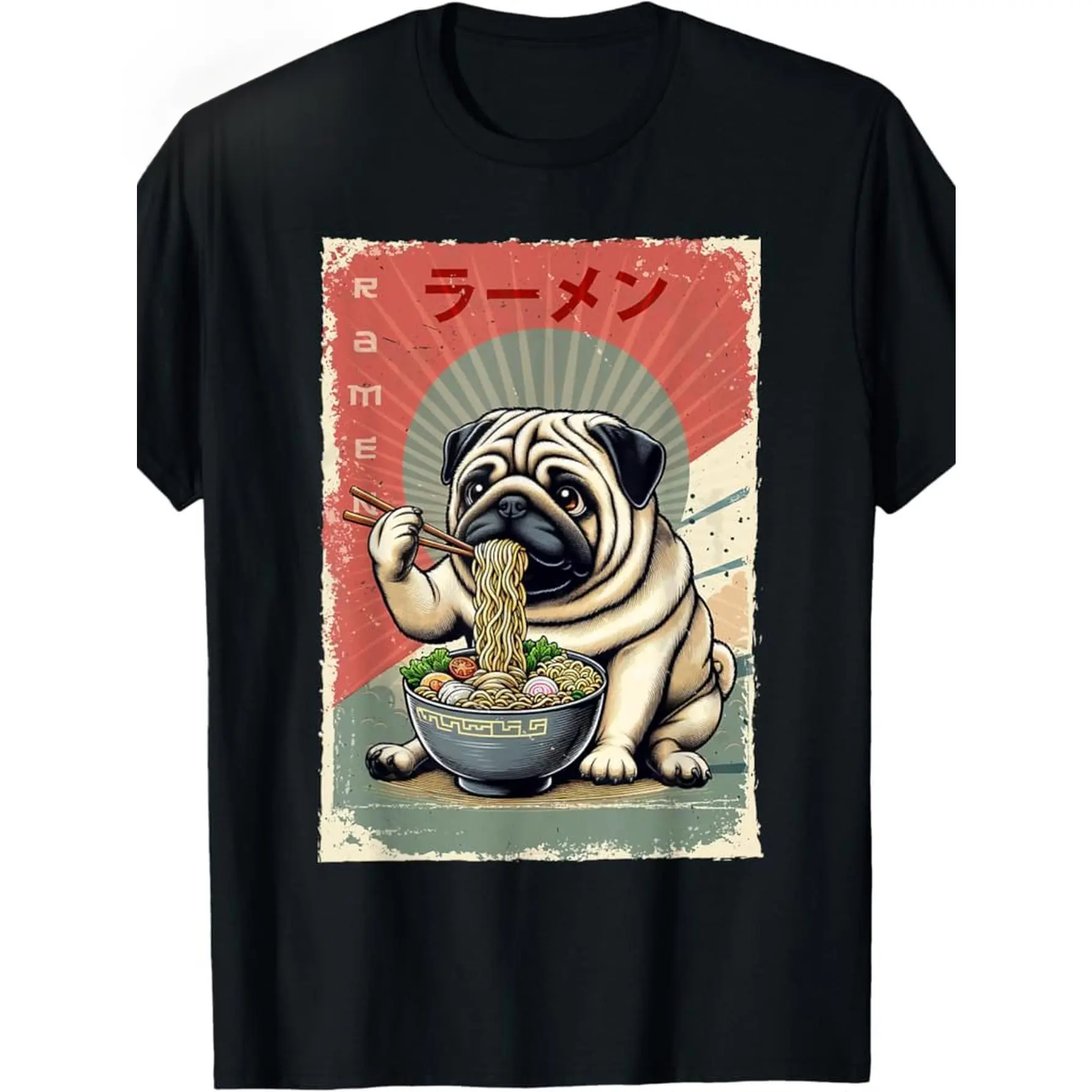 Men's 180g Cotton Crew Neck Short-Sleeve Fashion T-Shirt - 100% Made in USA, Vintage Pug Graphic (Pug Eating Japanese Ramen Noodle Soup), Casual Streetwear Menswear Top, Machine Washable, Slogan