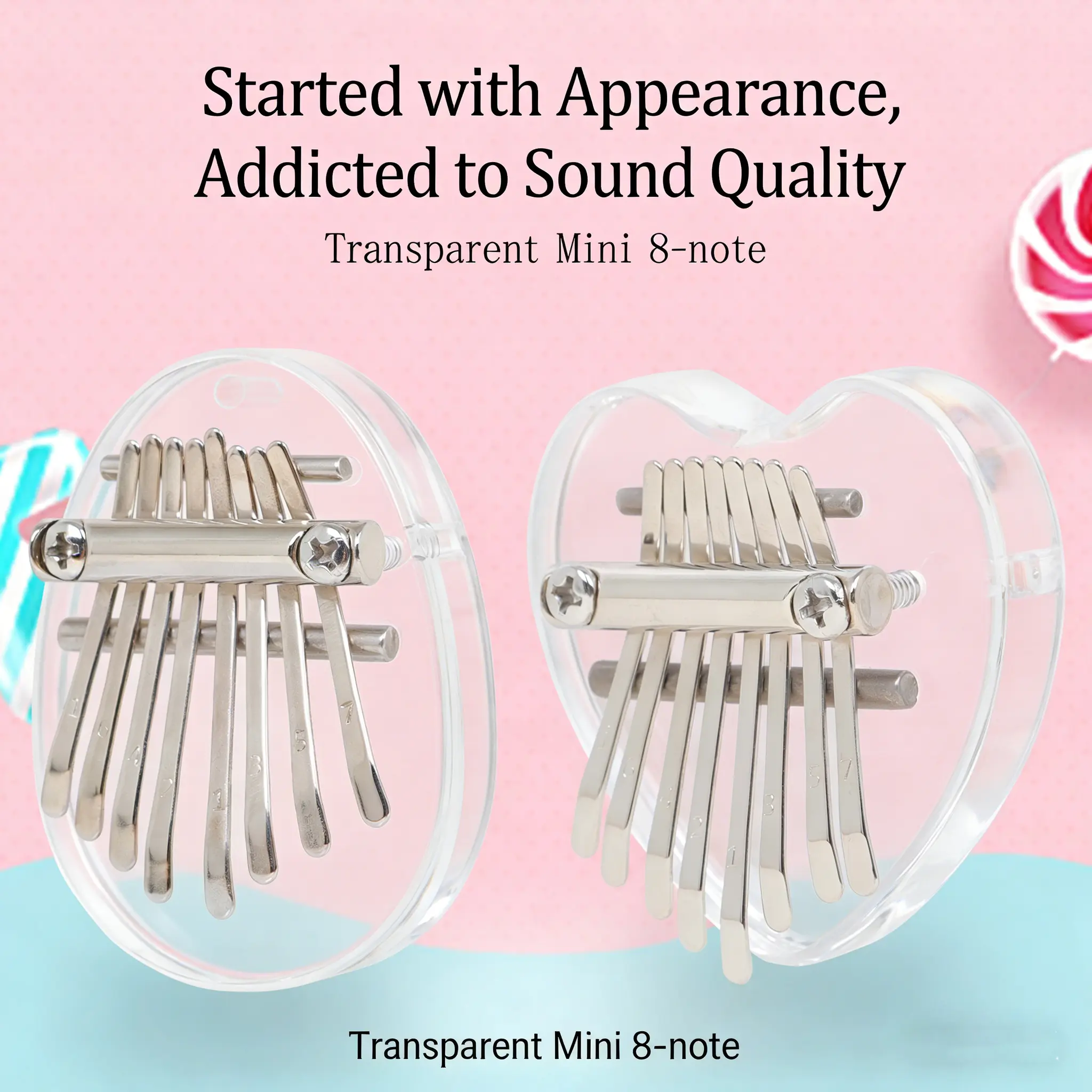 Cute Heart 8-Tone Kalimba ABS Clear Mini with Lanyard - Pre-Tuned Thumb Piano for Gift & Casual Music Fun