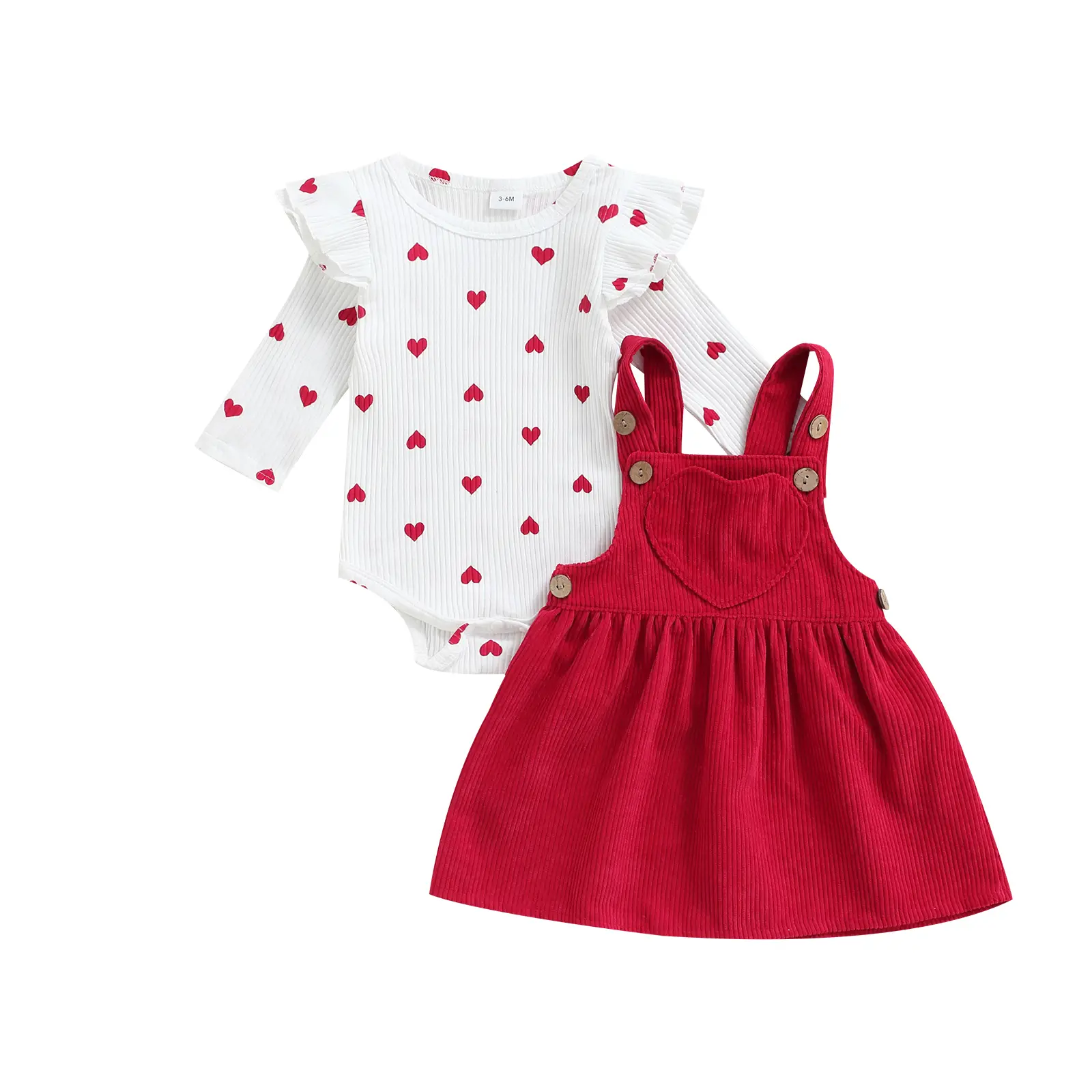 Baby Girl´s Two-Piece Suit, Heart Pattern Ruffle Long Sleeve Round Neck Romper + Suspender Skirt