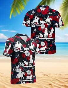 Team Roping Hawaiian Shirts Horse Racing Flowers Rose Red For Men & Women Style 3D Printing Summer Casual Loose Short Sleeve Shirt Street Men Menswear