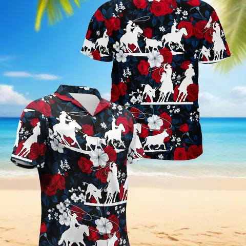 Team Roping Hawaiian Shirts Horse Racing Flowers Rose Red For Men & Women Style 3D Printing Summer Casual Loose Short Sleeve Shirt Street Men Menswear