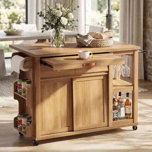 STO'SENSE Kitchen Island with Storage & Charging Station, Rolling Kitchen Island Table on Wheels with Drop Leaf & 2 Drawers, Mobile Island Cart with Pull-Out Shelf, Spice Rack, for Dining Room (Natural)
