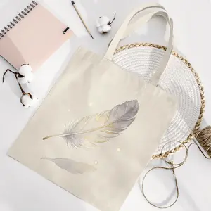 Minimalist feather canvas bag, large-capacity reusable shopping tote, fashionable Bohemian women’s shoulder bag, suitable for shopping, commuting, school, travel, camping