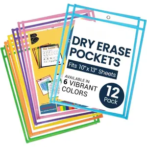 Dry Erase Pockets 12 Pack - 10 x 13  Dry Erase Pocket Sleeves for Work & School Worksheets - Heavy Duty Clear Pocket Sleeves -  Wipe to a  Clean (Multicolor)