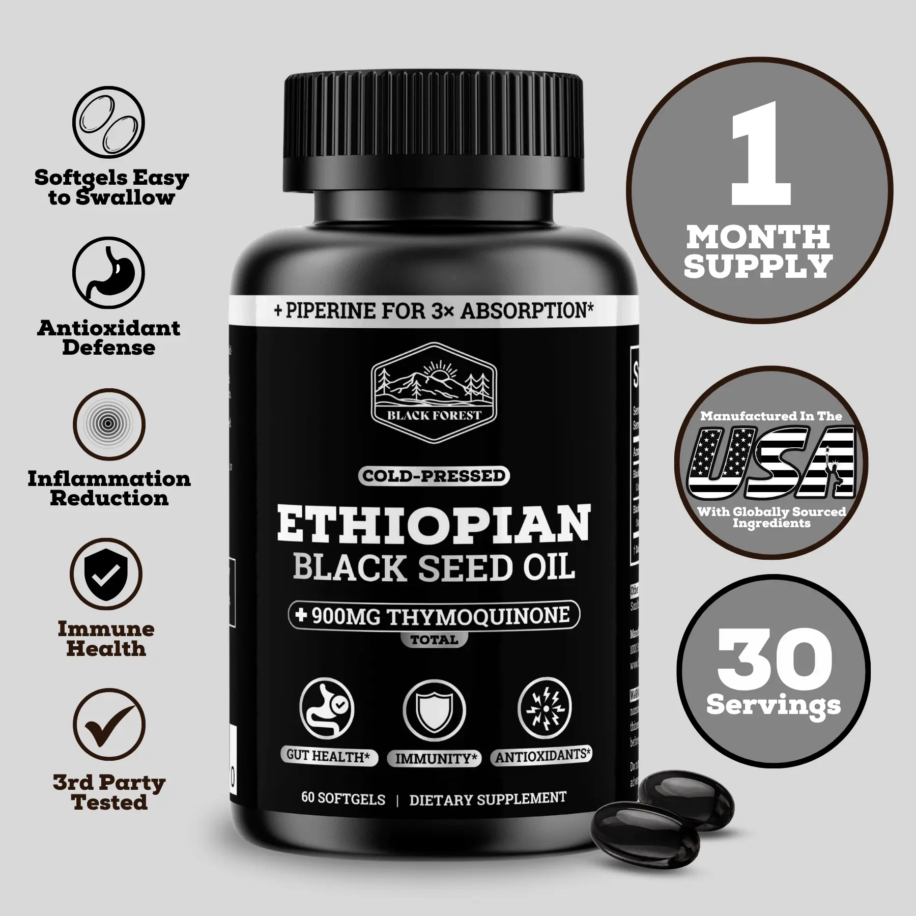 Black Forest Ethiopian Cold-Pressed Black Seed Oil 1000MG Softgels with Ashwagandha - Antioxidant Capsules, Dietary Nutrition Supplement Bottle