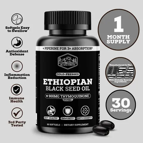 Black Forest Ethiopian Black Seed Oil 1000MG Antioxidant Softgels - Cold-Pressed, 10X Thymoquinone, Immune Boost Support, Digestive Health, Dietary Nutrition Oil Capsule (30 Multiple Servings)