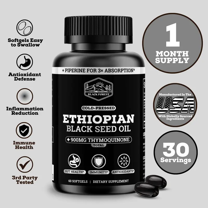 Black Forest Ethiopian Black Seed Oil 1000MG Antioxidant Softgels - Cold-Pressed, 10X Thymoquinone, Immune Boost Support, Digestive Health, Dietary Nutrition Oil Capsule (30 Multiple Servings)