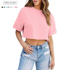 Danedvi Lady's Cotton-Spandex Fabric Crop T-Shirt - Short-Sleeve, Drop Shoulder, Round Neck, Minimalist Casual Summer Basic Streetwear Top