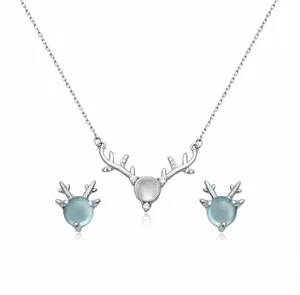 Swyii Antler Pendant Necklace with Moonstone and Deer Moonstone Ear Studs Set, Elegant Set, High Quality Party Jewelry, Non Tarnish, Countdown Look, Holiday Gift Ideas