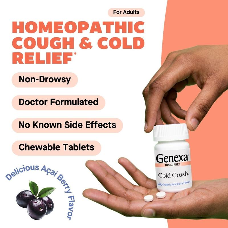 Genexa Cold Crush | Multi-Symptom Cough & Cold Relief for Adults | Delicious Organic Acai Berry Flavor | Certified Organic & Non-GMO | Homeopathic Remedy Made Clean | Chewable Tablets