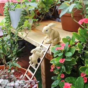 2pcs Rabbit Climbing Ladder Set, Two Rabbits Upstairs Decor, Garden Balcony Plant Stand Ornament, Desktop Window Sill Decoration, Holiday Gift