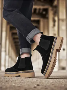 Unisex Height Boost Chelsea Boots: Platform Height Increase, Suede Texture, Elastic Side Panels. For Daily Outings/Stylish Looks