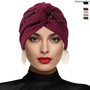 Pleated Ethnic Headwrap, Solid Cross Indian Cap with Sequins, Casual Daily Women Accessory