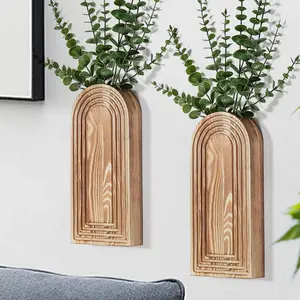 2 Pack Wooden Wall Vase Set - Brown Finish Modern Farmhouse & Boho Wall Decor for Entryway, Hallway, Bathroom, Living Room, Dining Room, Narrow Spaces