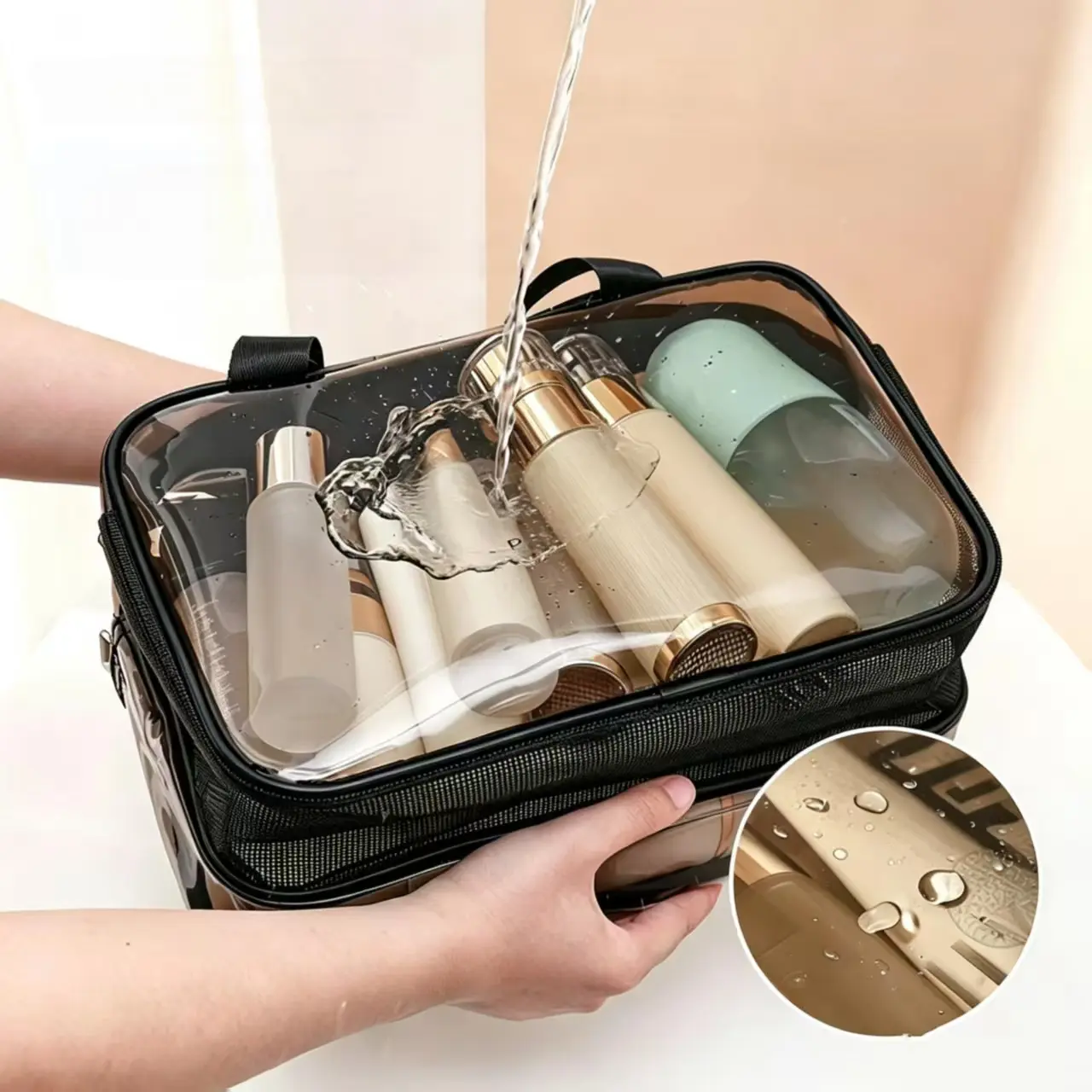 2-in-1 Multifunctional Toiletry Bag – High-capacity travel organizer made of transparent, waterproof PVC, features compartments for dry/wet separation, a modern design, and a zipper closure – An excellent choice for gifting.