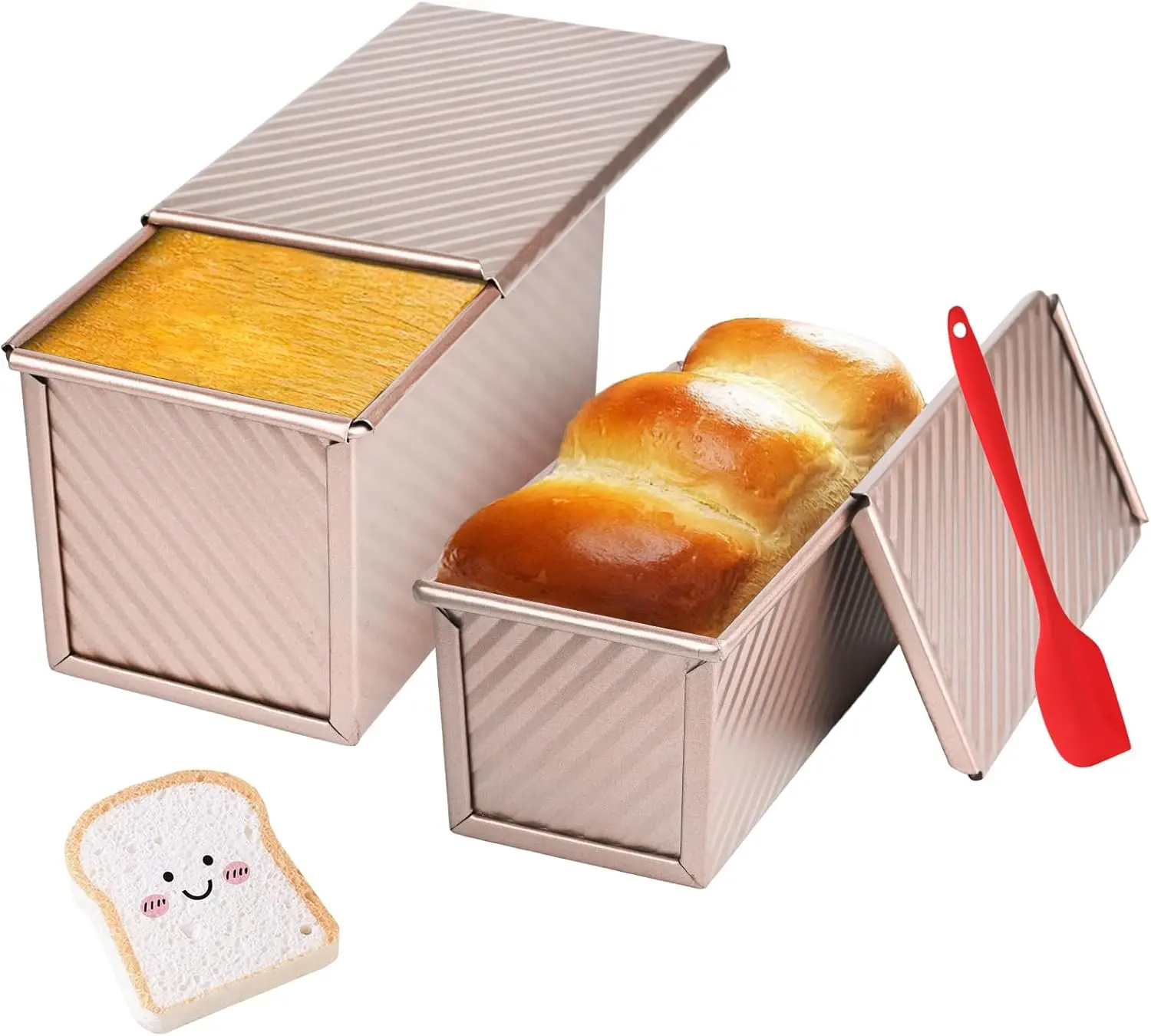2 Pack Pullman Loaf Pan with Lid, 1 lb/0.5 lb Dough Capacity for Homemade Bread, Non-stick Corrugated Carbon Steel Bread Toast Box with Cover for Bakeware, Sandwich & Toast Oven Baking,