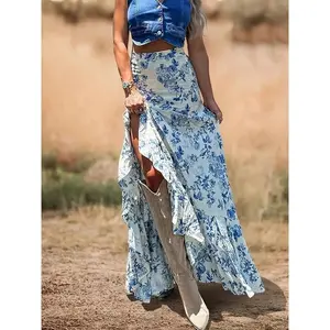 Women's printed high waisted long skirt for spring and summer, machine washable, non transparent blue and white flower pattern, elegant long skirt, suitable for casual or outdoor clothing