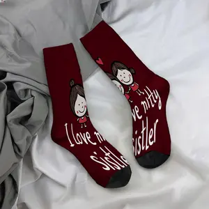 Two cartoon characters holding hands in a heart-shaped design; mid-calf socks, casual and sporty style - soft and comfortable.