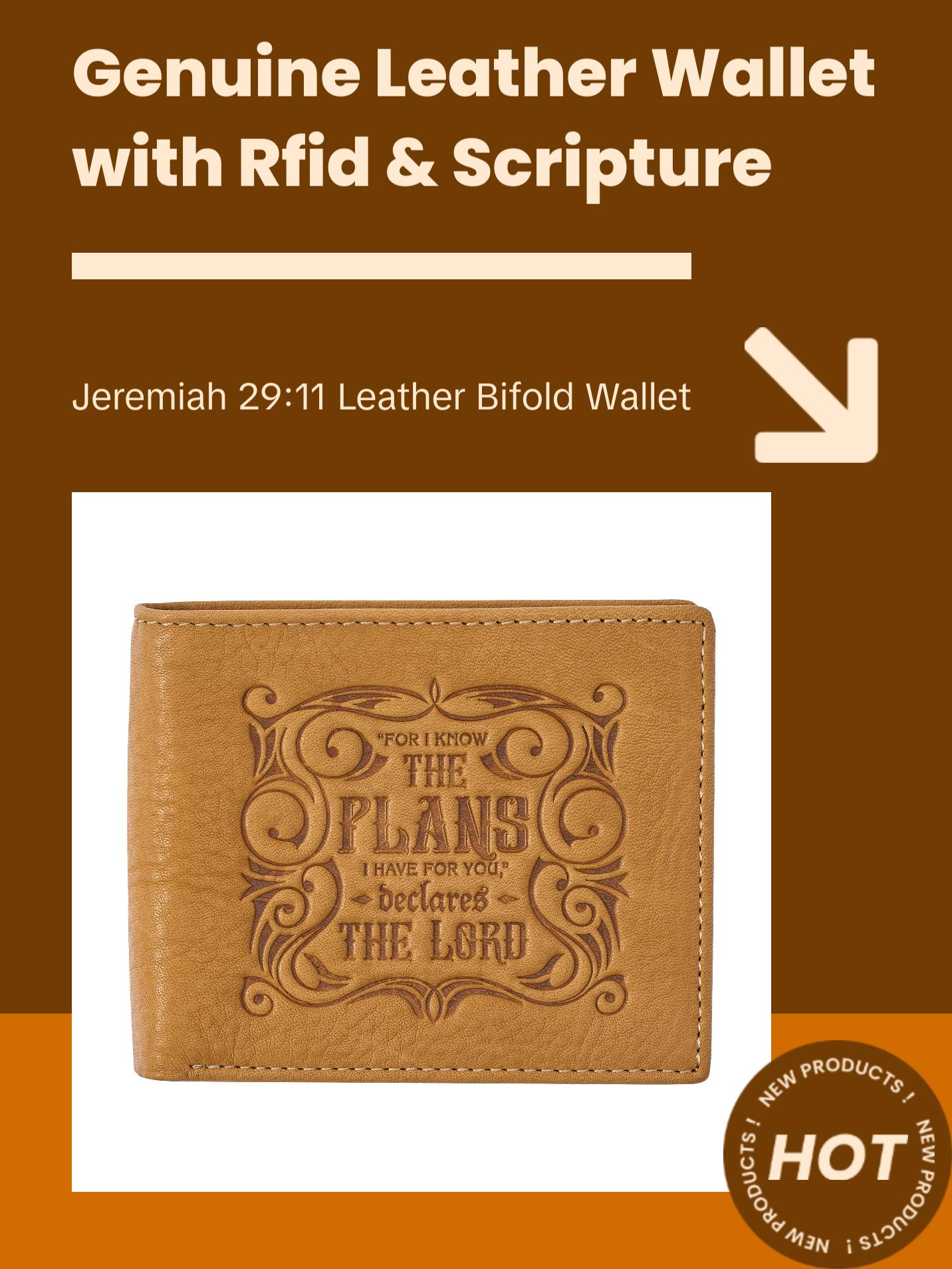 Genuine Leather Wallet for Men and Dads with Scripture Jeremiah 29:11 RIFD Blocking Multi-purpose Slots Credit Card Holders Quality Classic Saddle Tan Leather Bifold Wallet for Men