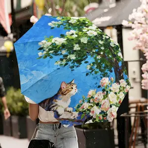 1PC Oil Painting Cat & Flower Print Folding Umbrella, Cute Aesthetic Style, Windproof Waterproof, UV Sun Protection, Sun & Rain Dual Use Parasol, Compact Portable For Daily Commute, Outdoor Travel, Perfect Gift For Cat Lovers & Women Girls