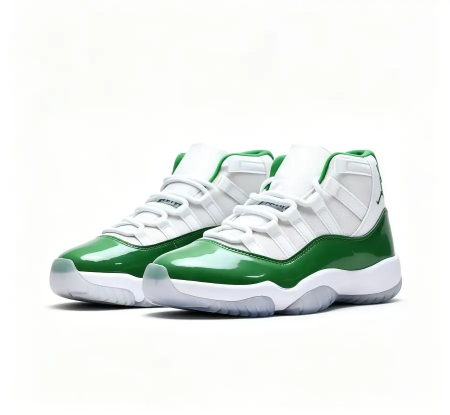 White & Green High-Top Basketball Sneakers, Glossy Green Patent Leather Upper + White Midsole + Translucent Icy Blue Rubber Outsole, Perfect for Retro Sports & Streetwear Style