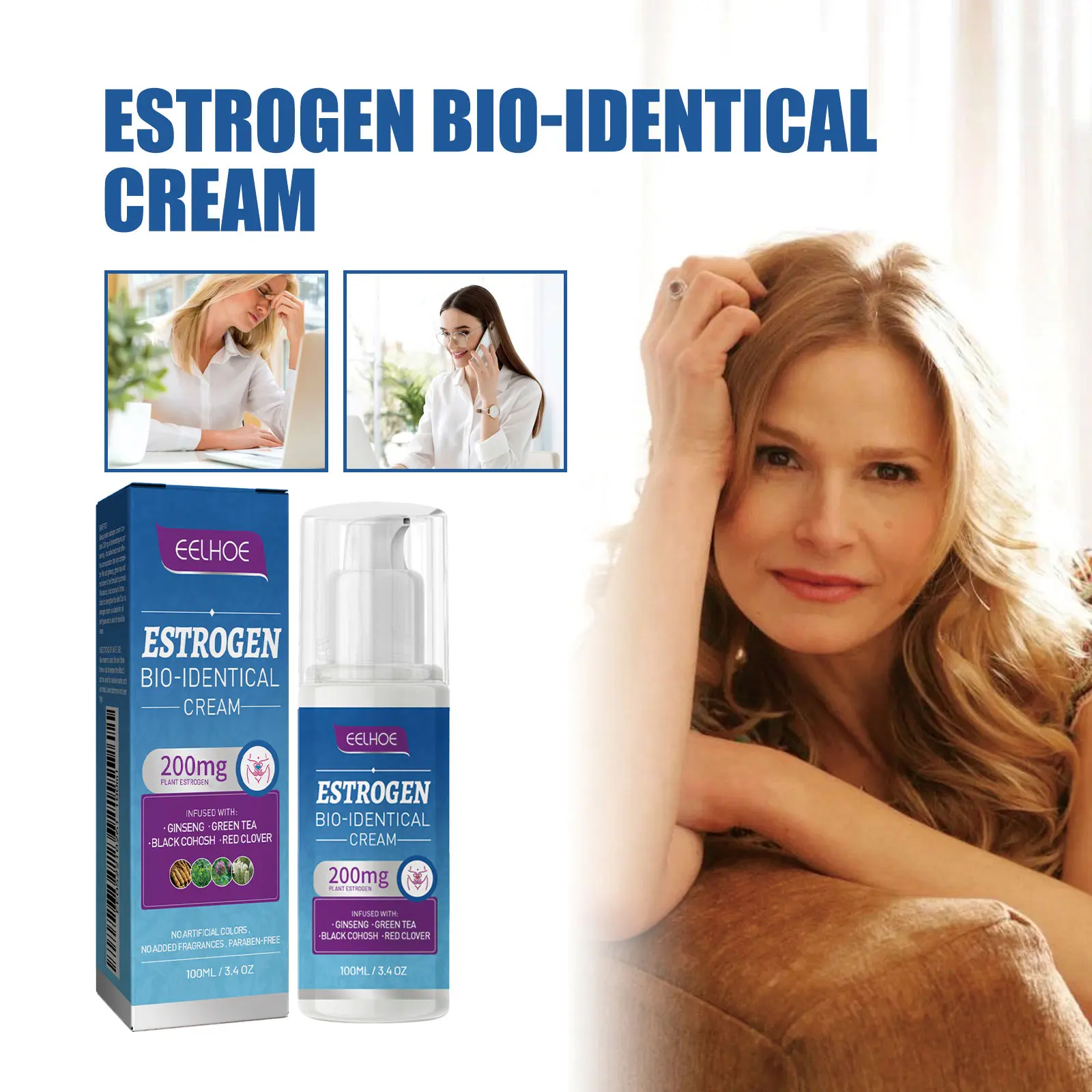 EELHOE Estrogen Bio-Identical Cream 200mg - Menopause Relief with Coconut Oil Aloe Vera & Ginseng for Fatigue Night Sweats Mood Swings
