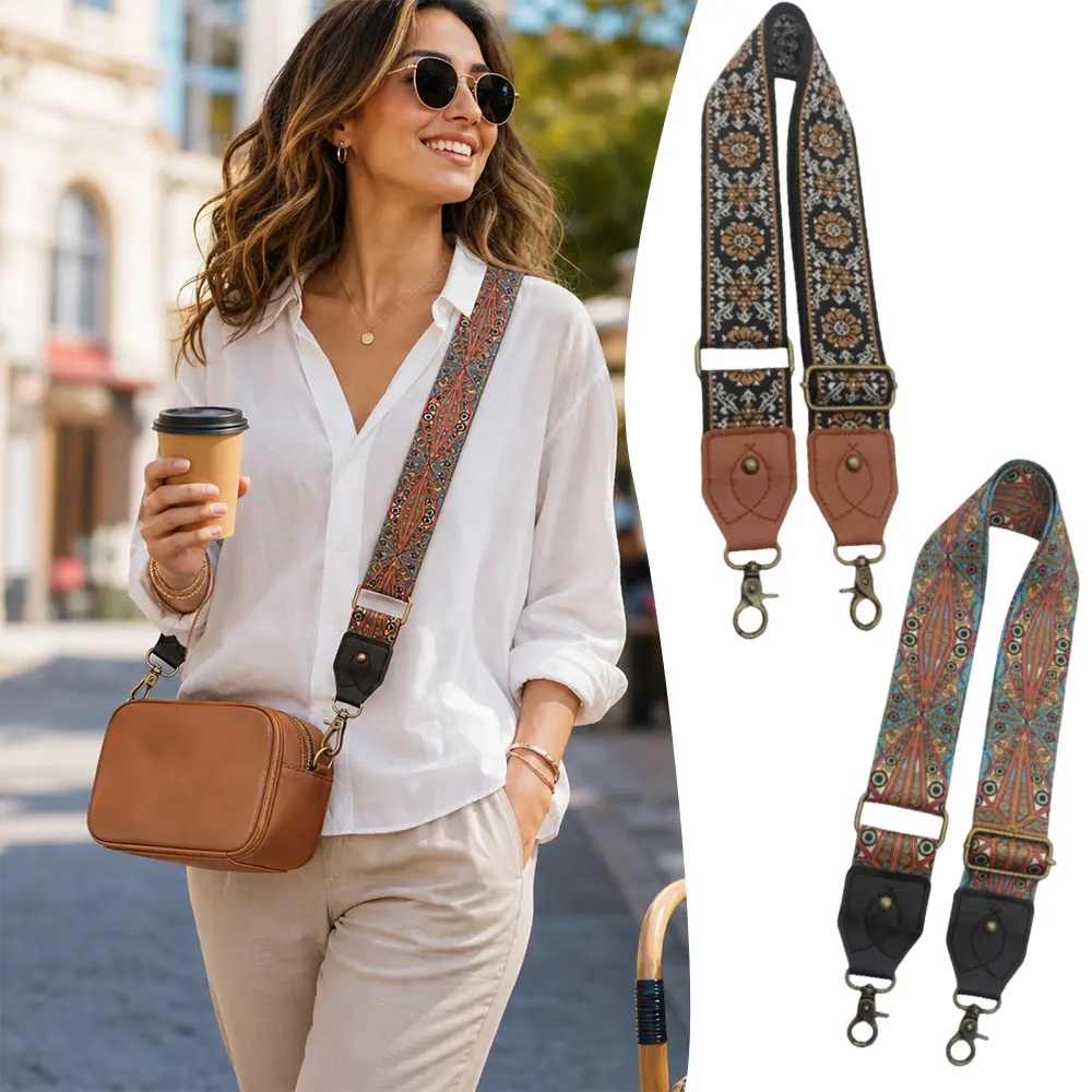 2 Packs 2" Adjustable Replacement Crazy Horse Leather End Shoulder Strap, Retro Jacquard Embroidery Multi-pattern Crossbody Bag Straps for Handbag,Crossbody Bags