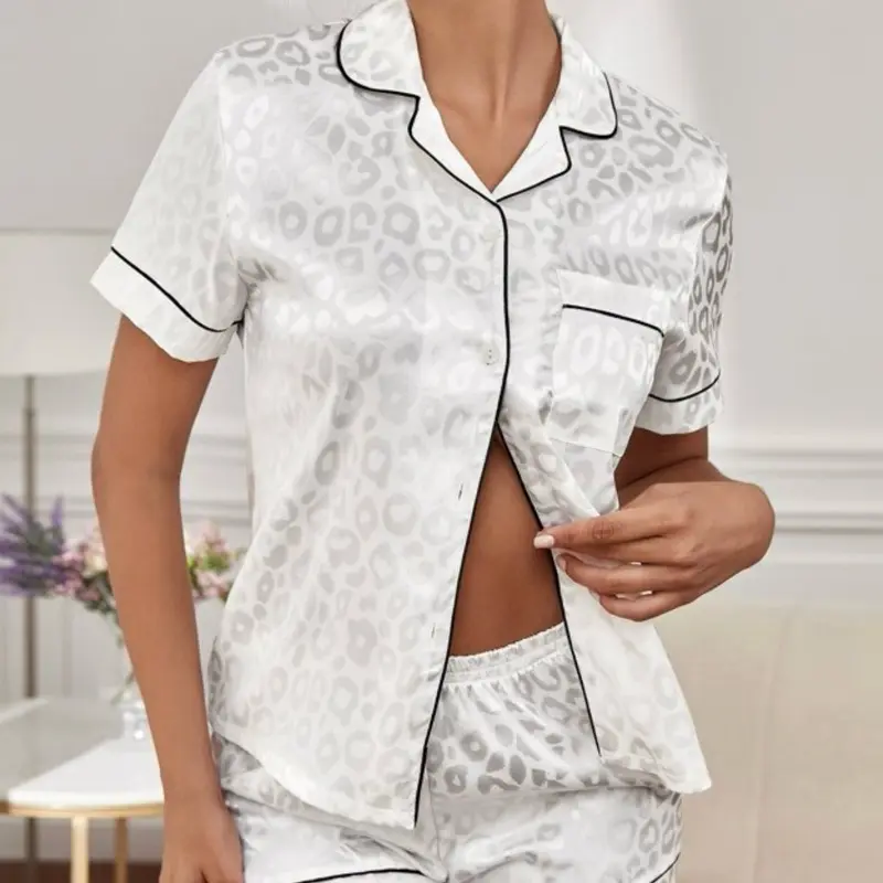 White Leopard Silk Pajama Set - Loudewear & Nightwear with Short Sleeves and Front Pocket, Comfortable Design for Relaxation - Loungewear
