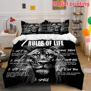 2D Flat 3Pcs Black White Lion King Theme Duvet Cover, Inspirational Life Rules Bedding, Soft Microfiber Comforter with 2 Pillowcases (No Filling), for Adults Teen Room Decor Bedroom Aesthetic Decor.