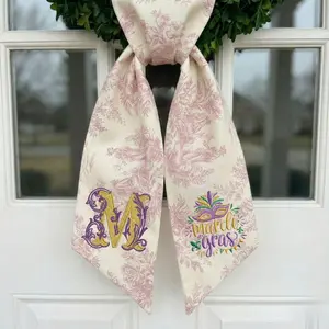 Personalized Mardi Gras Mask Wreath Sash, Custom Monogram, Pink Floral Toile Decor, Festive Mask Door Hanger wreath sash, monogram door decor