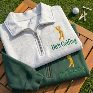 Embroidered He's Golfing Quarter Zip Sweatshirt, Custom Golf Gift for Men, Golfer Pullover, Father's Day Gift, Sports Fan Golfing Sweater