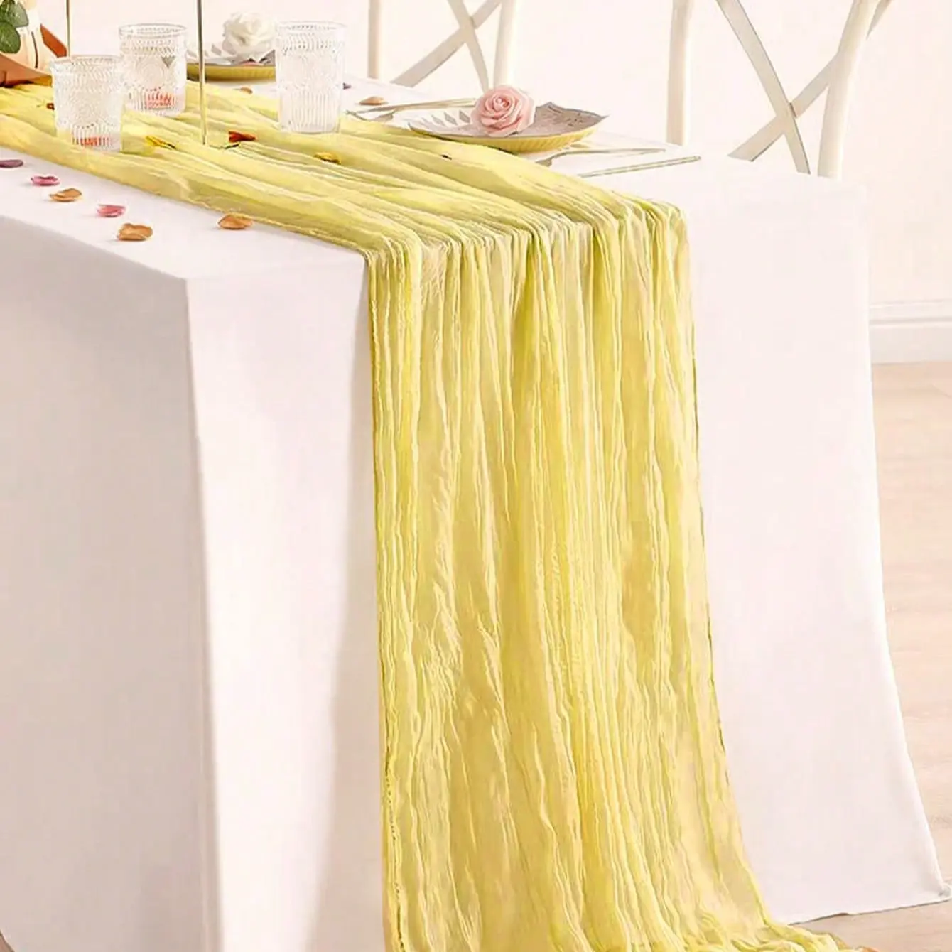 1pc Yellow Table Runner, Bohemian Style Tablecloth, Soft Chiffon Table Cloth, Decorative, Table Setting, Suitable For Baby Shower Party, Birthday Party Decor, Tabletop Decor, Dining Table Decor, Wedding Decor, Bridal Shower Party Supplies, Home Decor