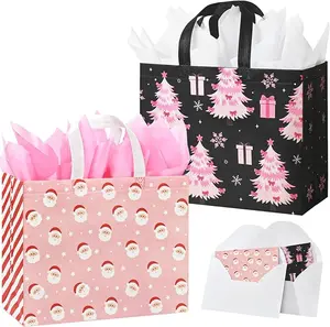2 Pack 13" Large Pink Christmas Gift Bags with Tissue Paper & Greeting Cards Christmas Bags with Handles Perfect for Gift Wrap