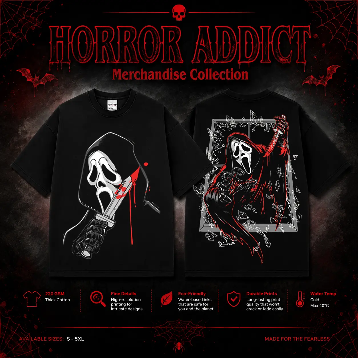 HORROR ADDICT Retro Halloween Costume Ghostface - Scream Horror Movie Gildan Unisex T-Shirt, Sweatshirt & Hoodie, Premium Cotton Horror Movie Shirt, Horror Movie Character Halloween Tee, Horror Icon Outfit, Spooky Halloween T-Shirt