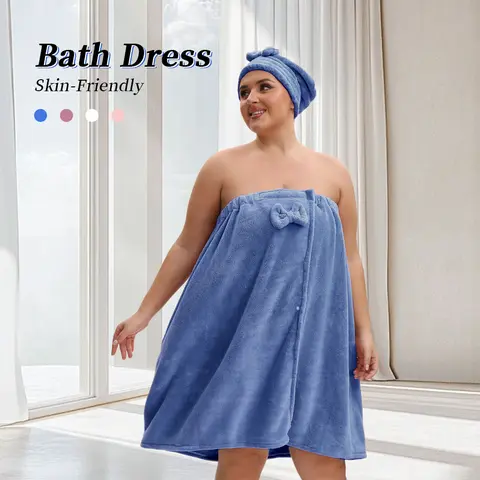 Plus Size Bathing Robe & Shower Cap Set, 2 Counts/set Soft Striped Polyester Spa Towel Wrap, Woven Bathing Robe & Shower Cap for Home, Travel, Sauna, Fitness, Bathroom, Pool, Wash Towel