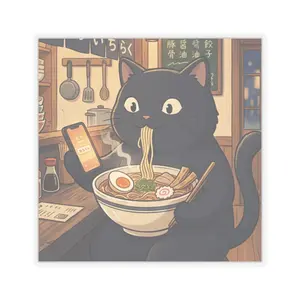 Fat Black Anime Cat Eating Ramen Sticker | Cute Kawaii Cat Noodle House