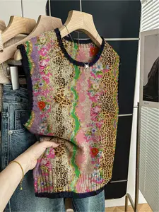 1pc Women's Spring/Summer Back-to-School Casual Loose Crew Neck Sleeveless Knit Top - Dark BlueTrim, Color-Block Patchwork, Floral & Print, Wear Alone or Layer with Vest Sleeveless Clothing