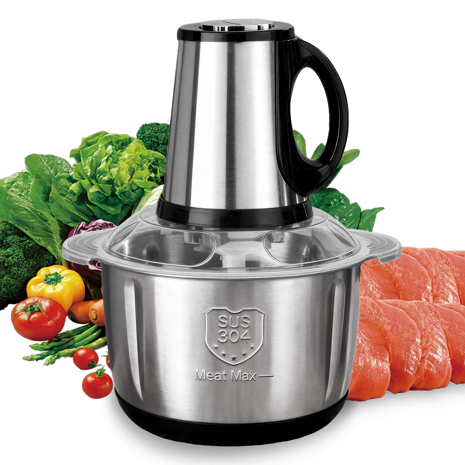 4-liter electric meat grinder, 500-watt (110V) three-speed kitchen food processor, large-capacity stainless steel bowl (with 5-liter lid), 3D stainless steel blades, suitable for meat, vegetables and fruits.