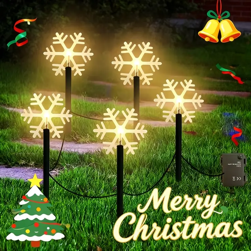 5PCS Snowflake Outdoor Pathway Lights, 5 Snowflake Yard Decoration Flashing Battery Powered Outdoor Lighted Up Christmas Light Decor for Garden Yard (Warm White), Seasonal Display, Holiday Decorations, Snowflake Design, Outdoor Landscape Lighting