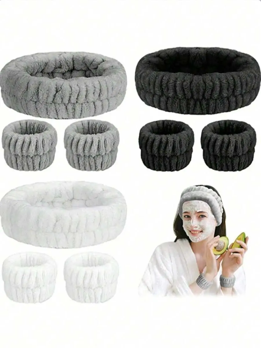 Soft Fluffy Spa Headband And Wristband Set, Coral Fleece Style Hair Wrap For Skincare Makeup Face Washing Daily Beauty Routine
