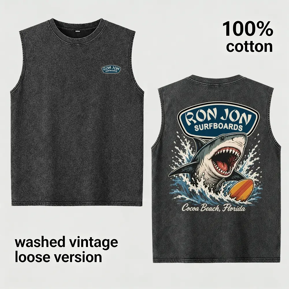 Vintage Washed 100% Cotton Sleeveless Tank Top, Ron Jon Surfboards Shark Surfing Graphic Loose Fit Muscle Vest, Coastal Beach Gift For Surf Lovers