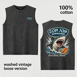 Vintage Washed 100% Cotton Sleeveless Tank Top, Ron Jon Surfboards Shark Surfing Graphic Loose Fit Muscle Vest, Coastal Beach Gift For Surf Lovers