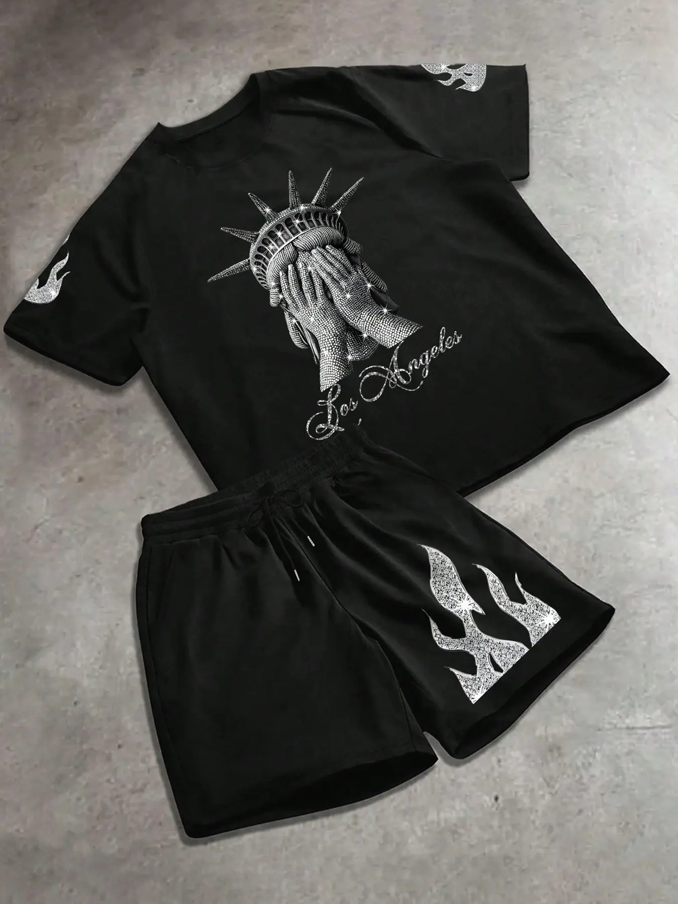 Y2K Acid Wash Black Tracksuit Set - Oversized Gothic Angel Graphic Hoodie & Baggy Sweatpants - Heavyweight Cotton Vintage Streetwear Co-ord for Men & Women