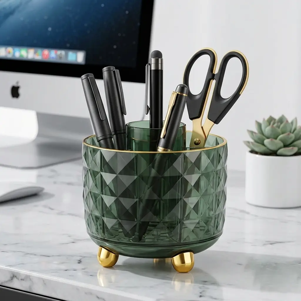 Modern Luxury 360 Degree Rotating Pen Holder for Desk, Crystal Prism Acrylic Stationery Organizer with Gold Trim, 6-Compartment Premium Office Desk Decor, Emerald Green